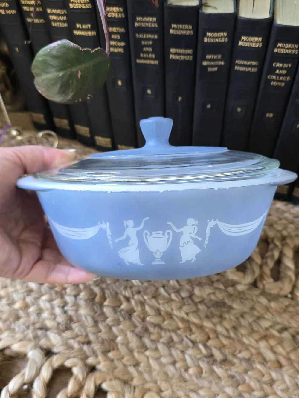 Vintage Blue Covered Cameo Casserole Dish with White Silhouette Design